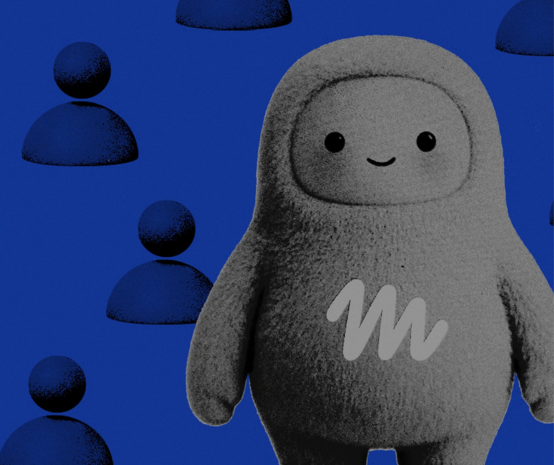 A plush grey mascot with a handwritten m on its chest, standing among scattered dark profile silhouettes on a deep blue background.